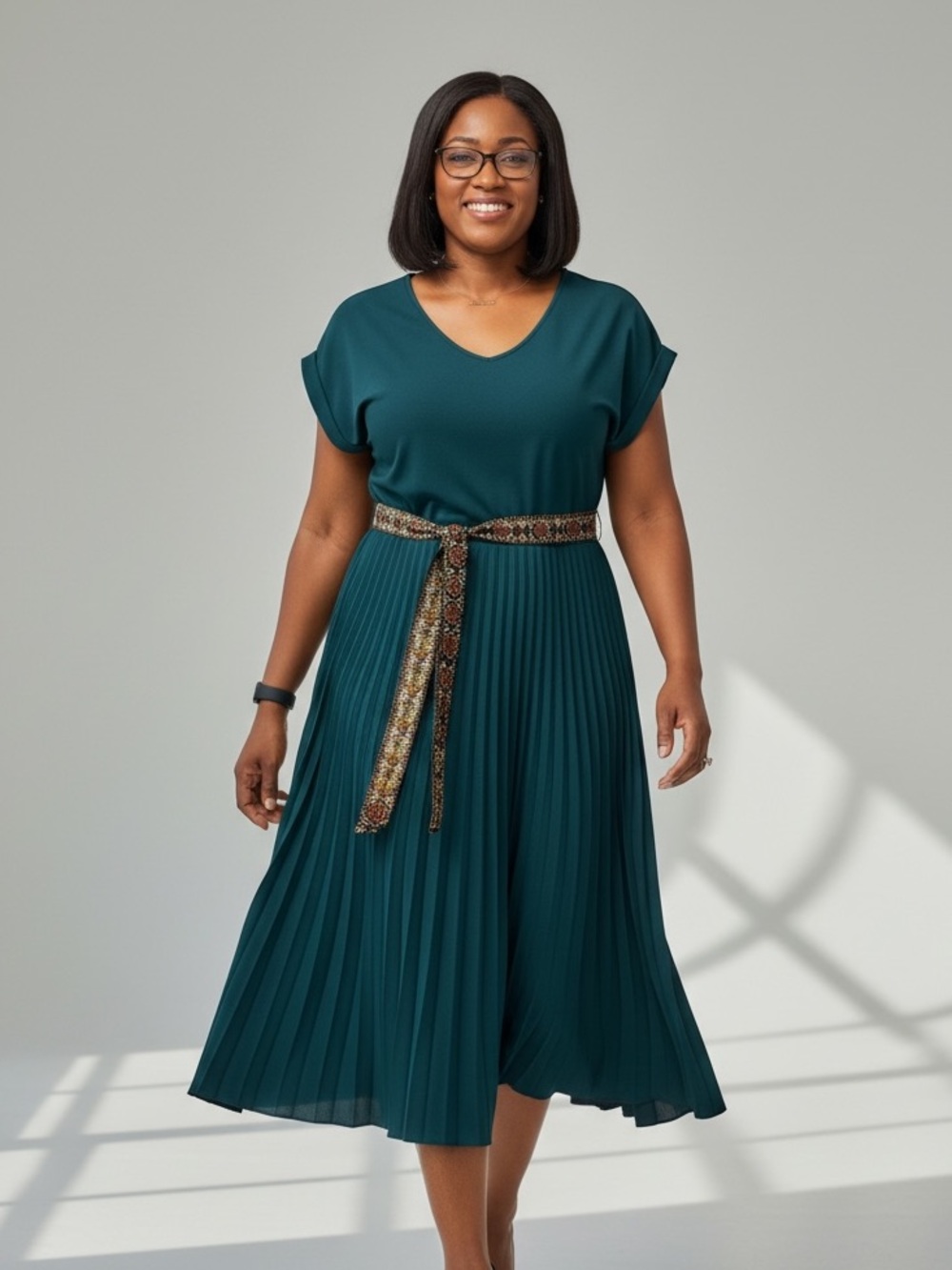 Elizabeth & Nellie Women’s Green/Teal Pleated Midi V-Neck Dress Hippie Belt Sz-M